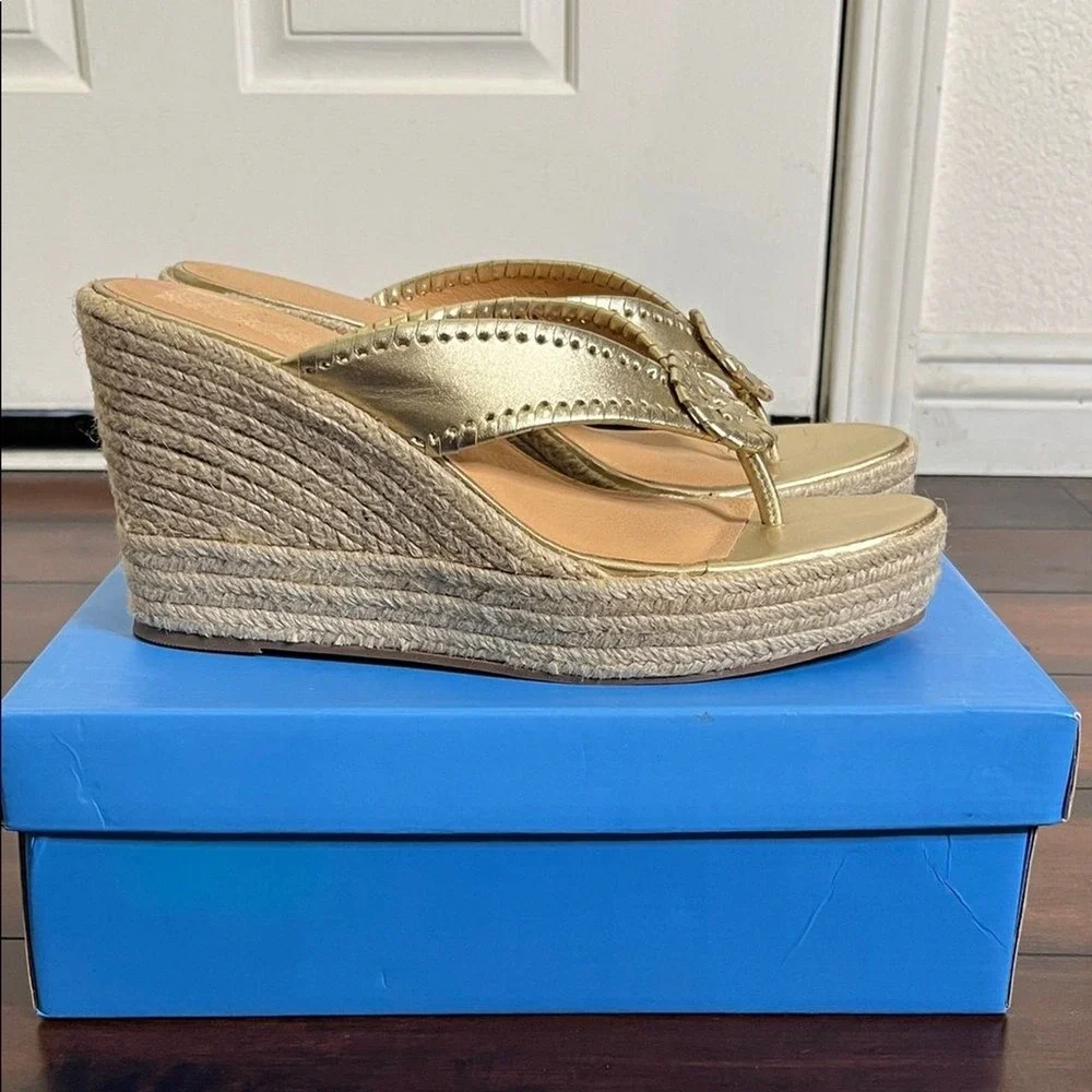 NIB Jack Rogers Rowan Platform Wedge Espadrille Leather Sandals‎ Gold size 10